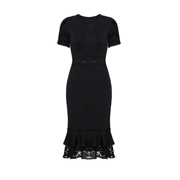 Sachin + Babi Flutter Lace Dress Short Sleeve Ruffle Hem Sheath Midi Black XS - Picture 4 of 10